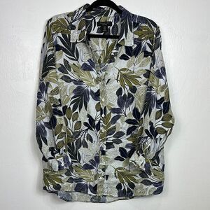 Tahari Linen Leaf Print Long Sleeve Button Down Shirt Size 1X